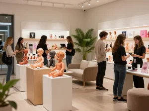 Sofort Lieferbar Produkte, die in einem eleganten Ausstellungsraum präsentiert werden, mit verschiedenen Kunden, die ihre Optionen erkunden.
