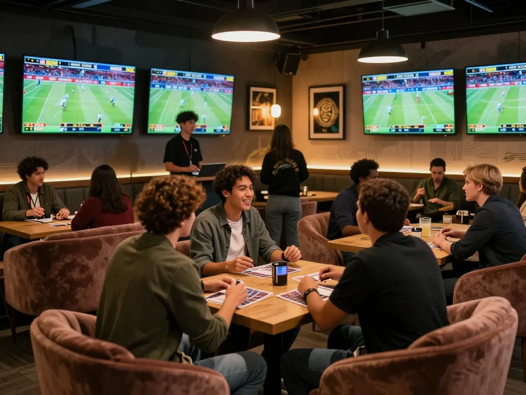 Engaging moment of sports betting at 79sodoe with excited bettors placing bets and enjoying the atmosphere.