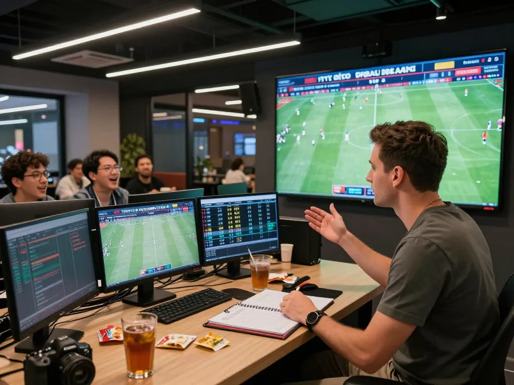 Tỷ lệ kèo bóng đá analysis in a vibrant sports lounge with analysts and viewers engaged.