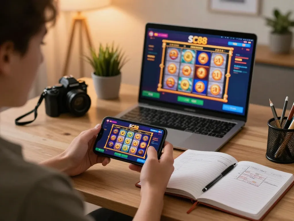 Player enjoying dynamic slot games on SC88 app while taking notes for better strategies
