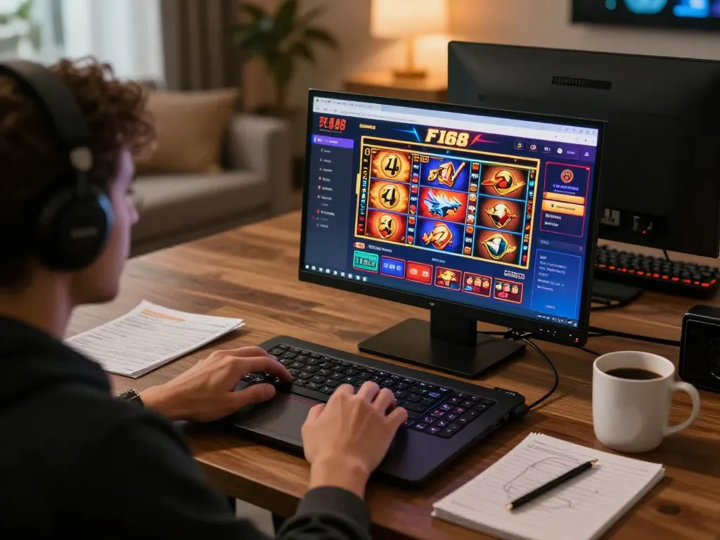 F168 player engaging with online casino slots on a stylish gaming laptop setup