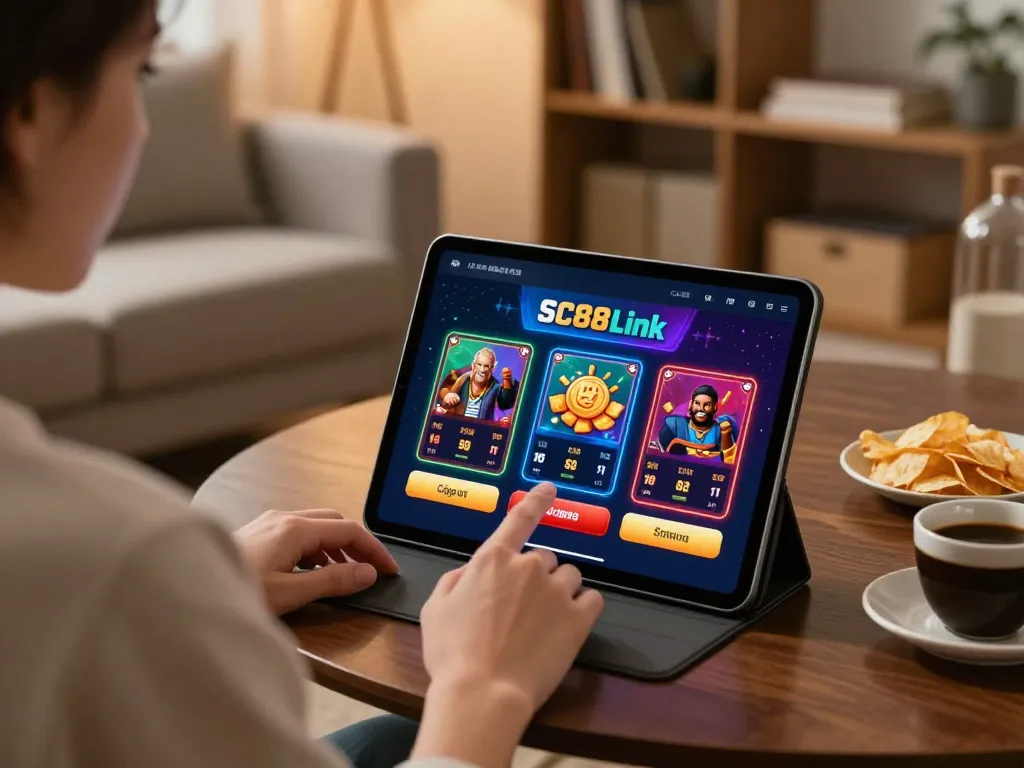 Engaging with the SC88 Link app for strategic online casino gameplay on a tablet in a cozy setting