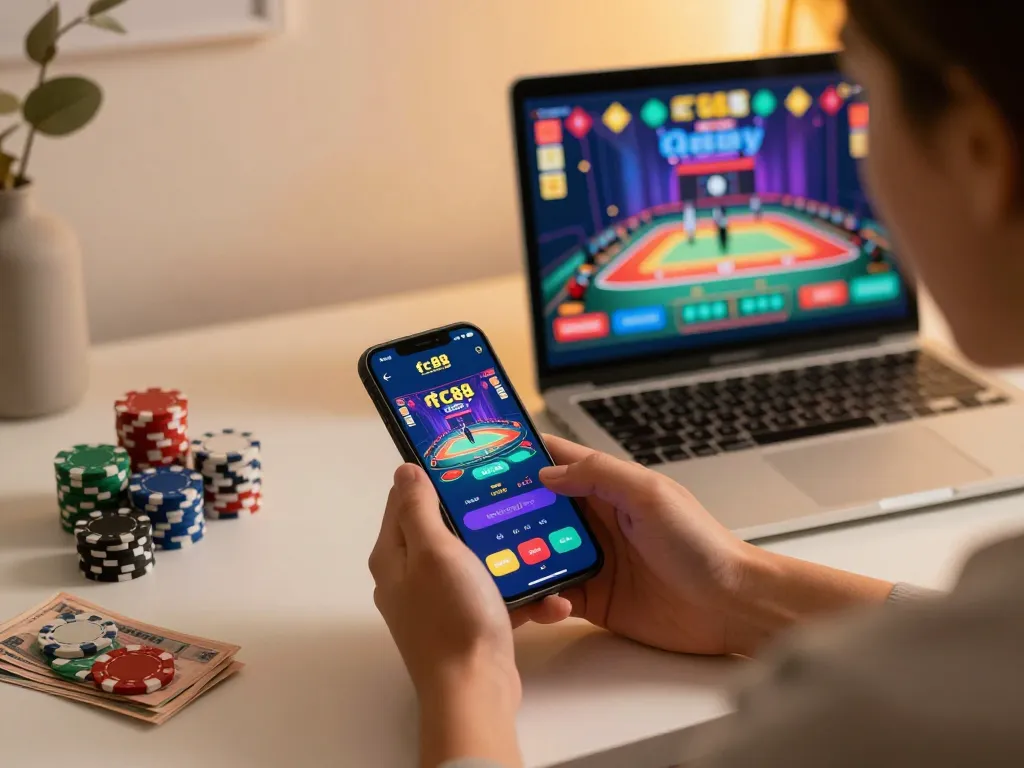 Engaging with fc88 online casino app on smartphone while strategizing gaming at home