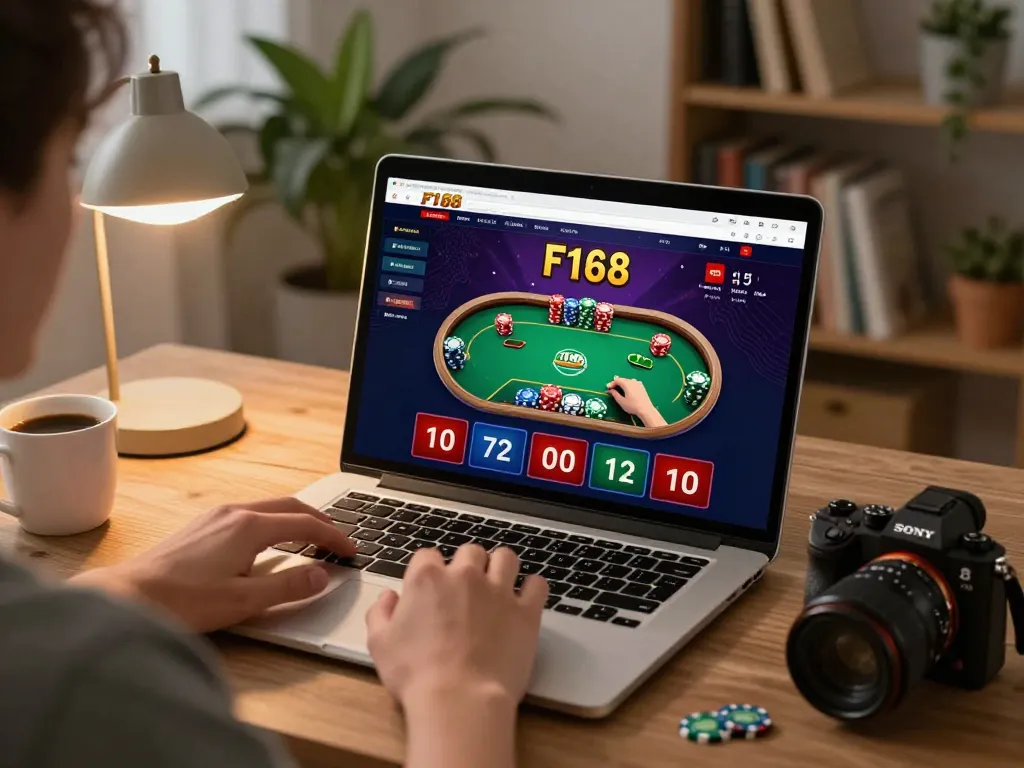 Player engaging with the F168 online casino platform for a strategic poker game from home.