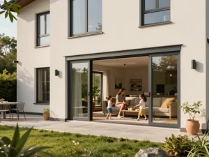 Schüco Fenster, präsentiert in einem modernen Hausaußenbereich mit einer Familie, die den Außenbereich genießt.