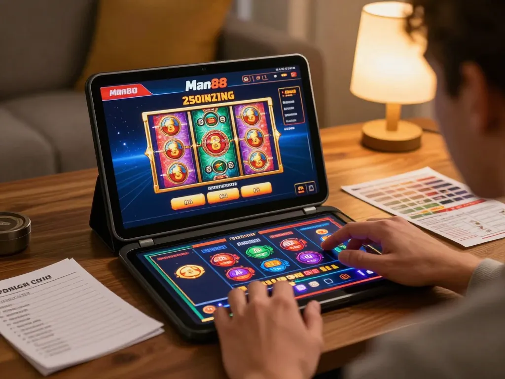 Player engaging with man88 online casino interface on tablet surrounded by strategic gaming notes.