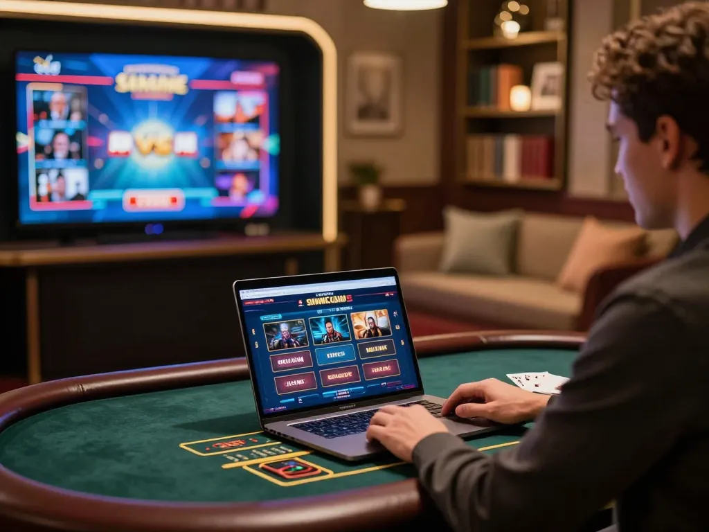 Player strategizing at 99wincasino's luxurious online gaming setup with vibrant lighting.