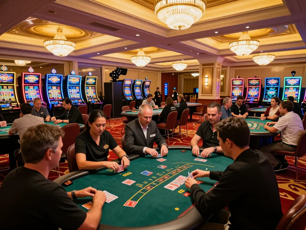 Players enjoying games at F168 casino with dynamic action on poker tables and vibrant slot machines.