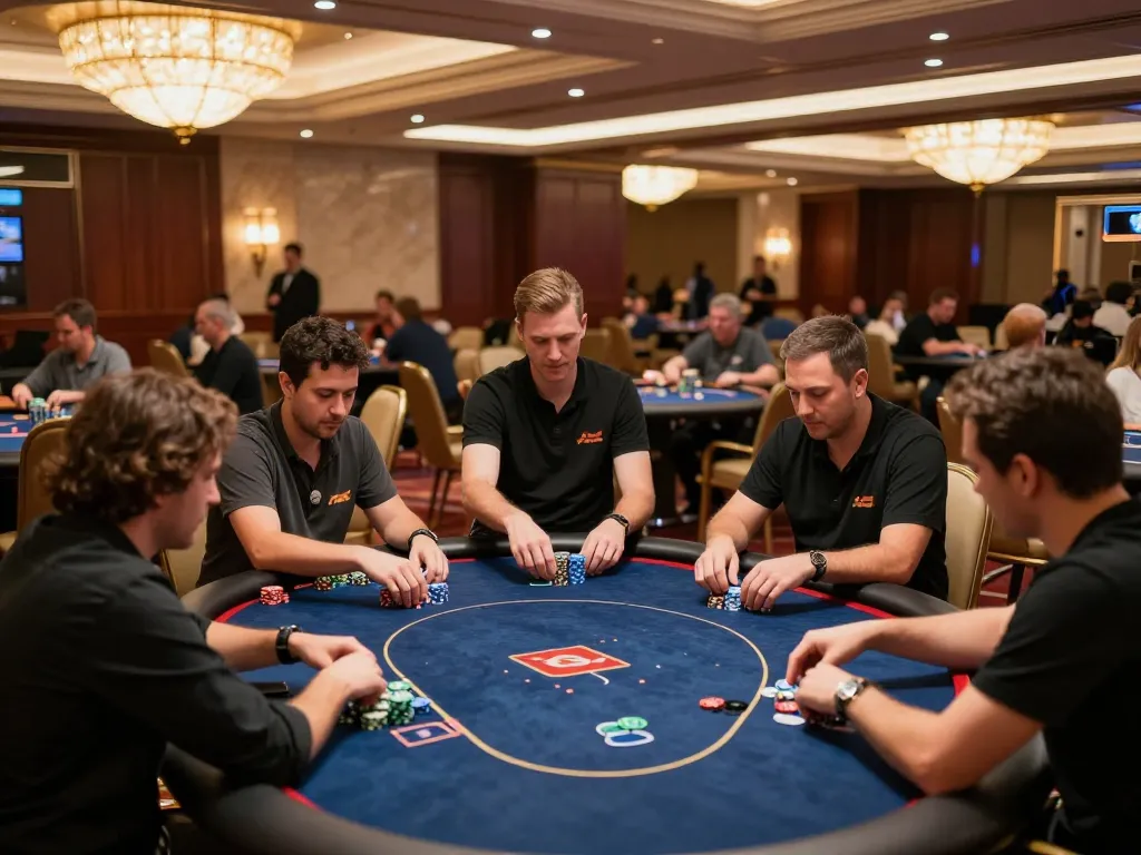 Players engaging in competitive poker at a luxurious casino while using 888new gaming strategies.
