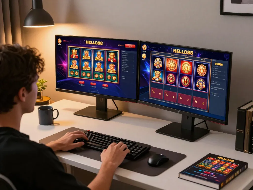 HELLO88 online gaming setup with vibrant casino games on screen, creating an engaging gambling atmosphere