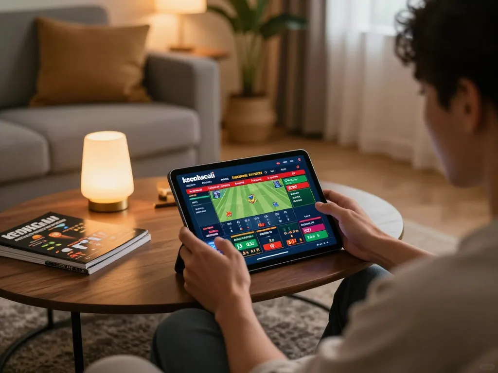 Engaging online sports betting experience at home with keonhacaii app displayed on tablet.