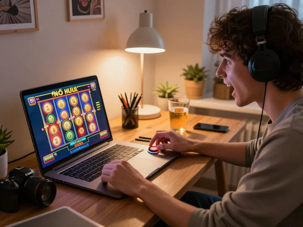 Player enjoying nổ hũ game online, vibrant slot reels spinning in cozy home setup