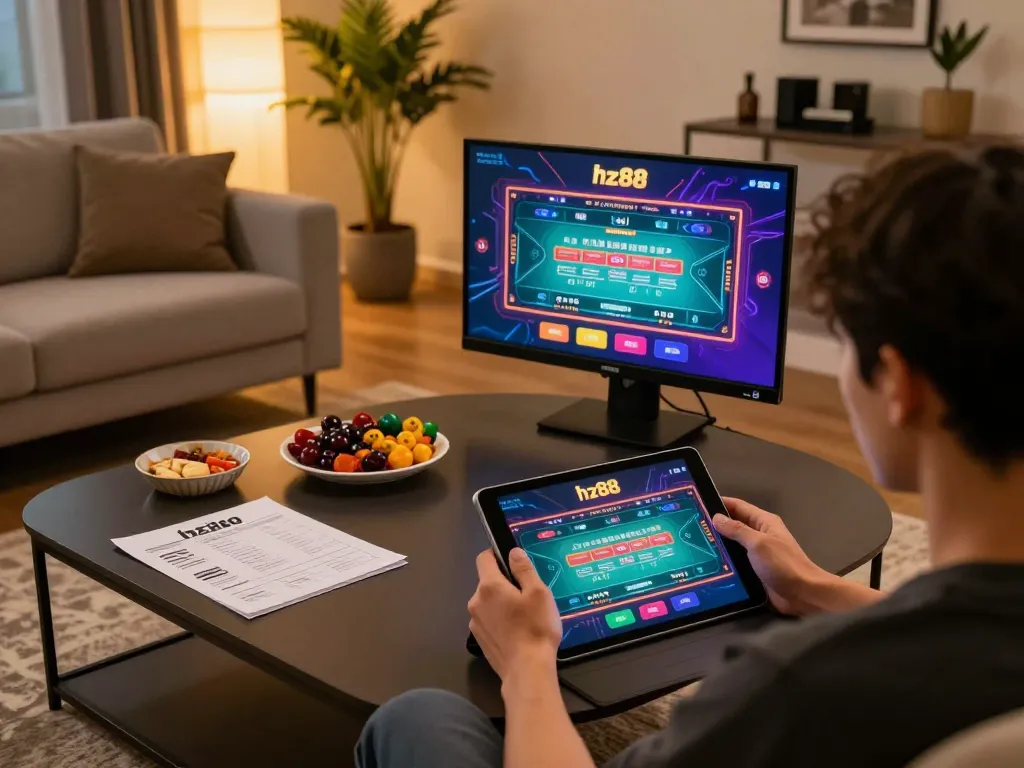 Engaging moment at nhà cái hz88 as a player enjoys online gaming on a tablet in a cozy setting.