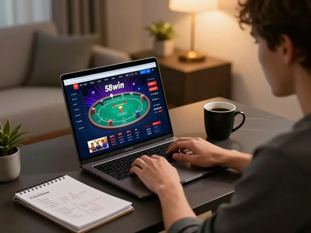 Player engaged with 58win online casino, highlighting responsible gaming in a cozy home office