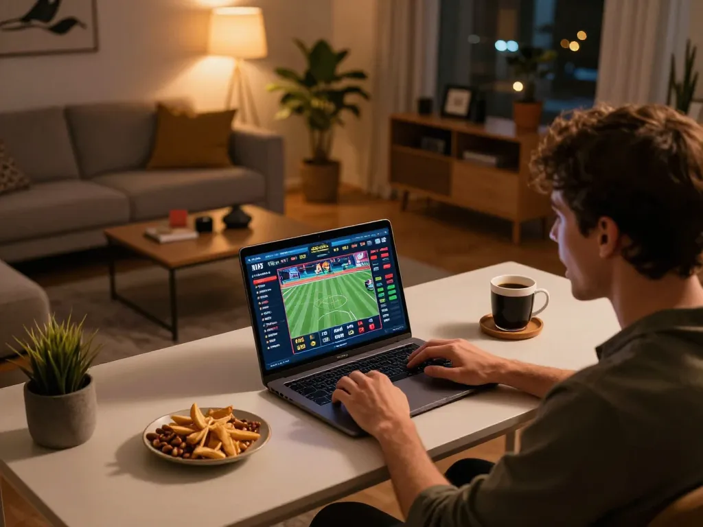 PHPVIP user strategizing sports bets on a laptop in a cozy gaming setup