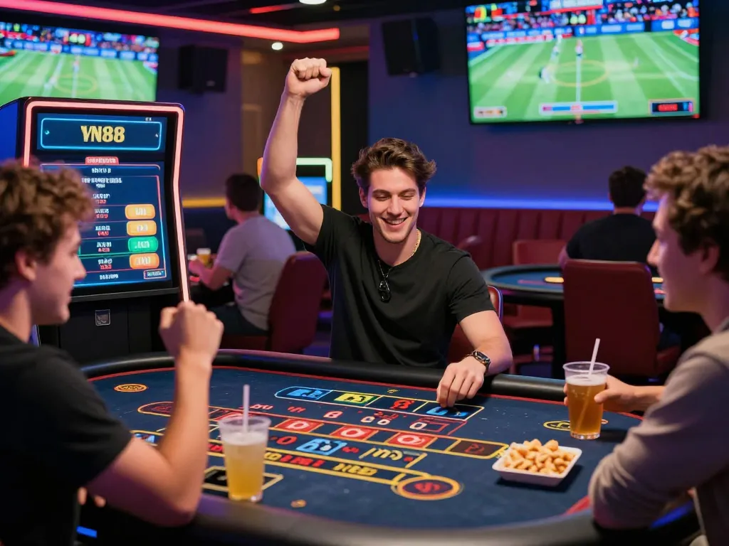 Exciting live casino gaming at VN88 with players celebrating a win surrounded by vibrant visuals.