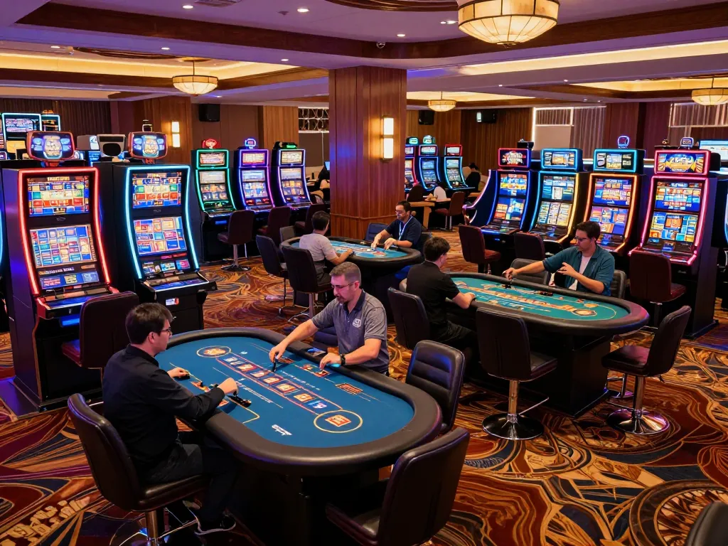 CM88 players enjoying vibrant slot machines and table games in a luxurious casino environment.