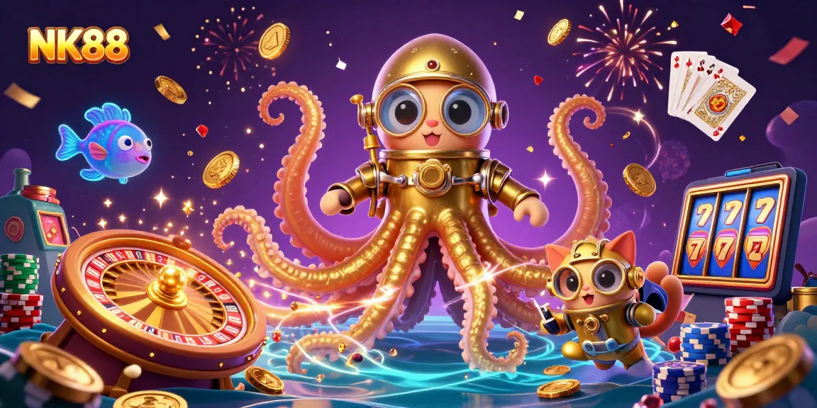 Experience the thrill at NK88 with a colossal kraken and a diving cat surrounded by vibrant casino elements.