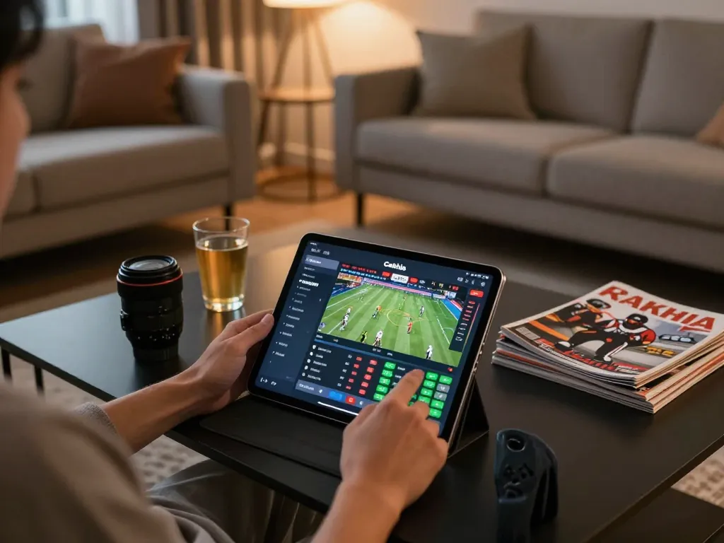 Cakhia app used on tablet for live sports betting in a cozy home setting.