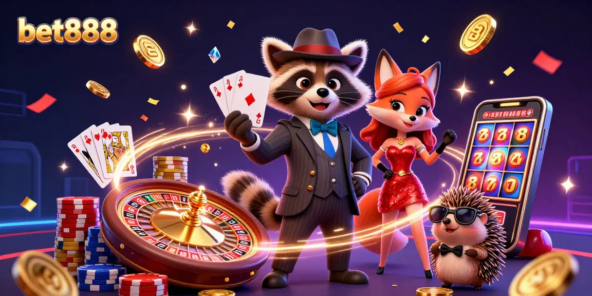 Experience thrilling action with bet888 in this vibrant casino illustration featuring colorful characters and games.