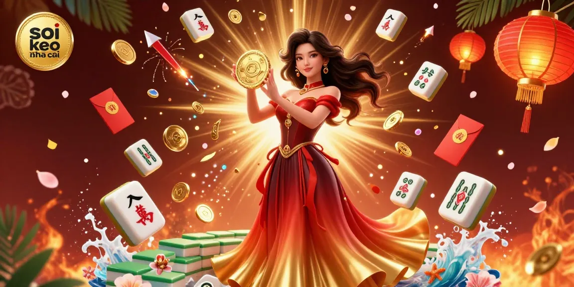 Soi keo nha cai showcasing a stunning Asian woman holding a golden coin amidst a shower of coins in a dynamic, rich 3D gambling scene.