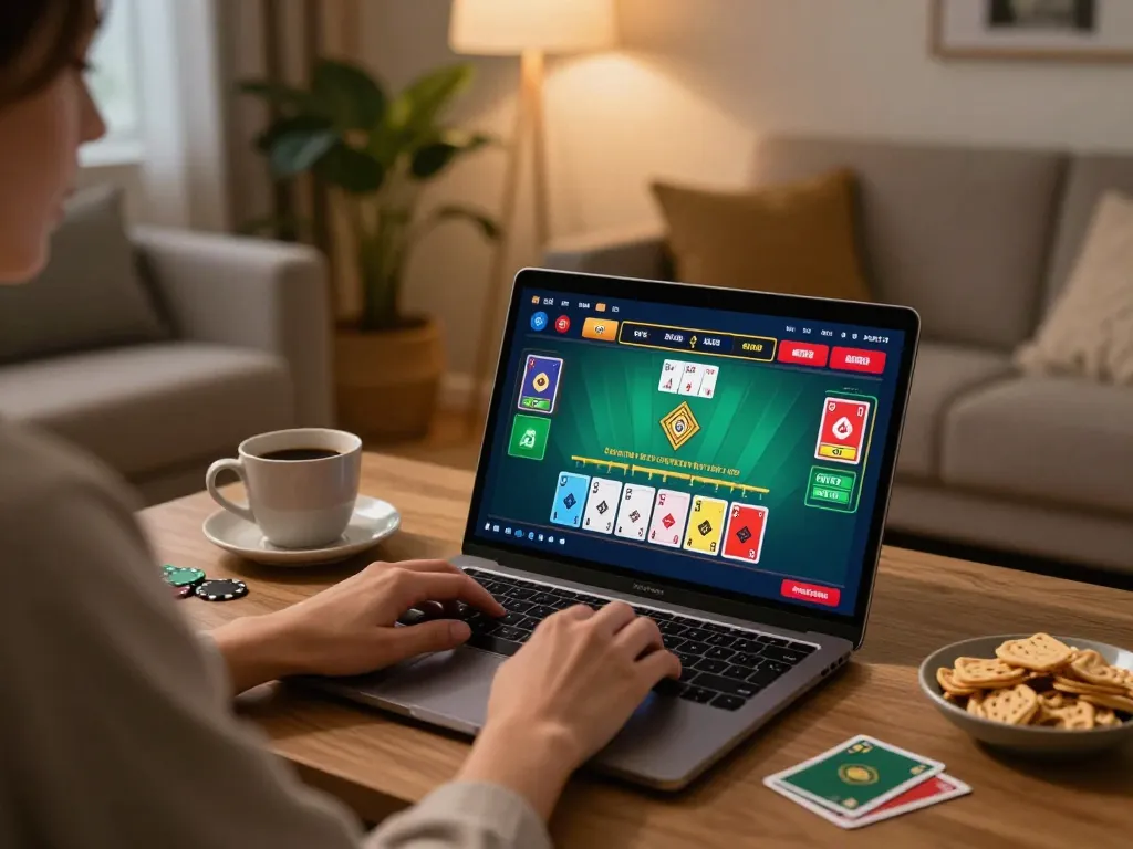 Engaged player enjoys a strategic blackjack game online with 789win at home, showcasing a cozy setup.
