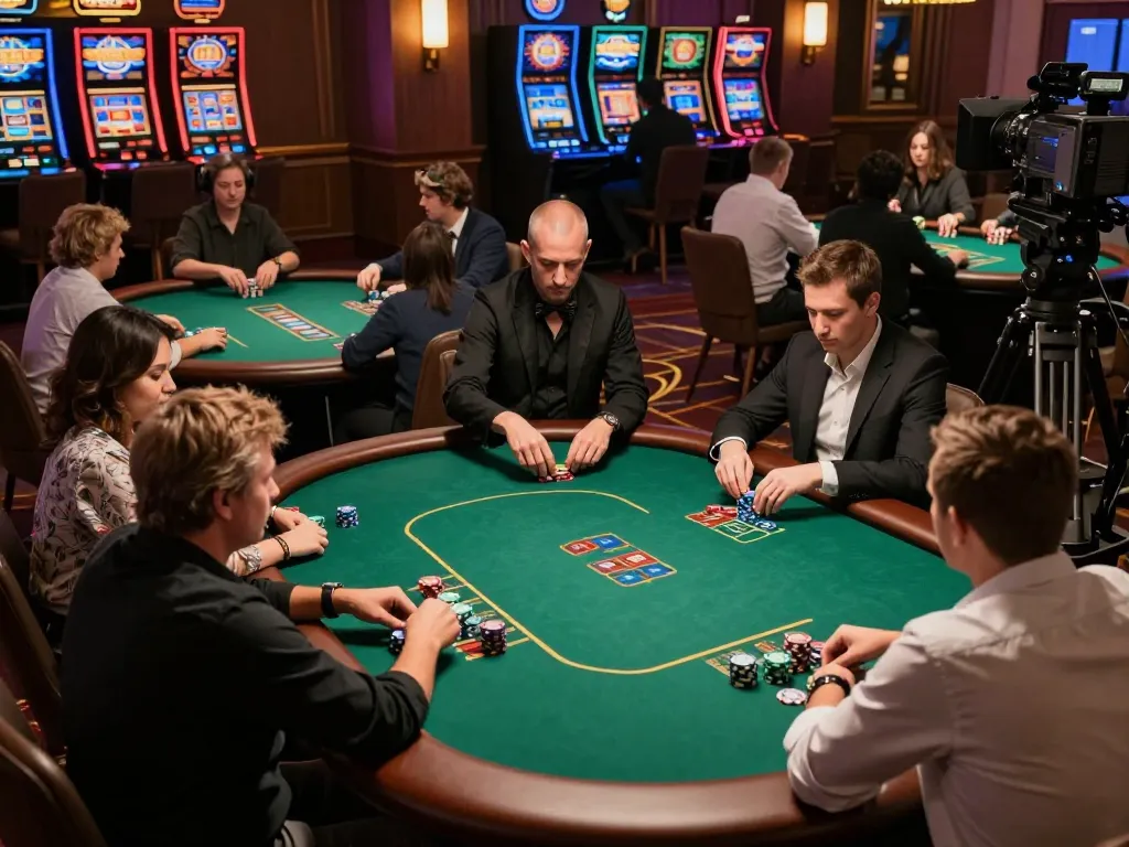 Xoilac players strategizing in a lively poker game at an upscale casino, showcasing the thrill of winning.