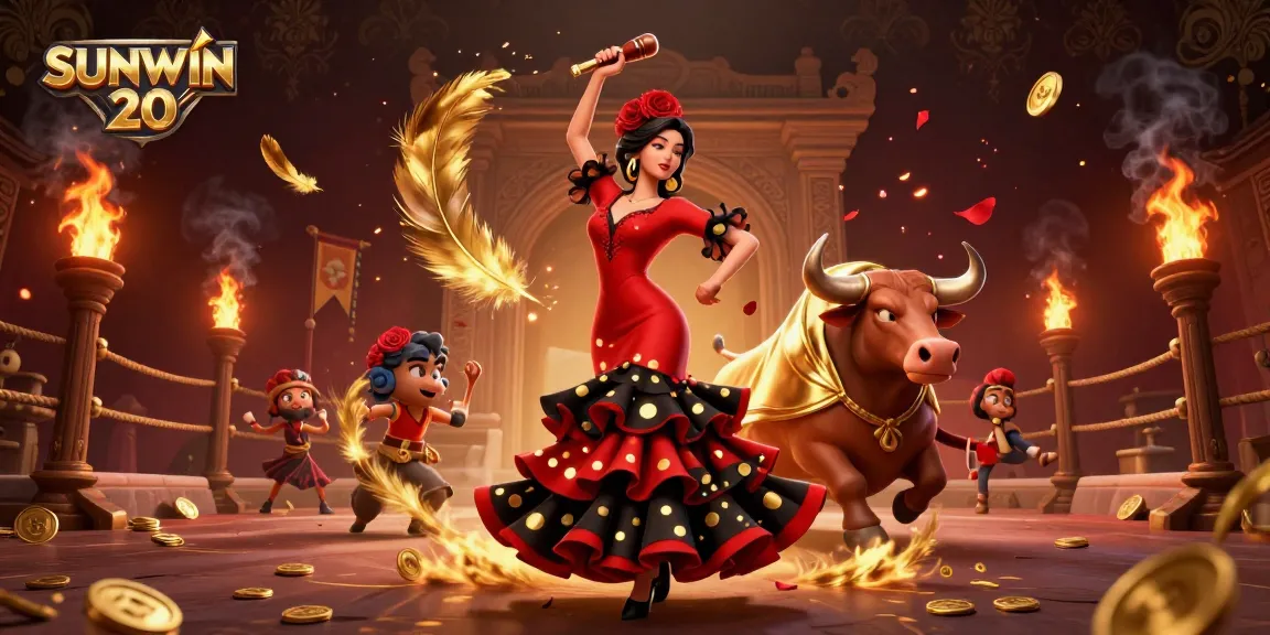 SUNWIN 20 betting scene with a flamenco dancer and bull, surrounded by golden game elements and coins.