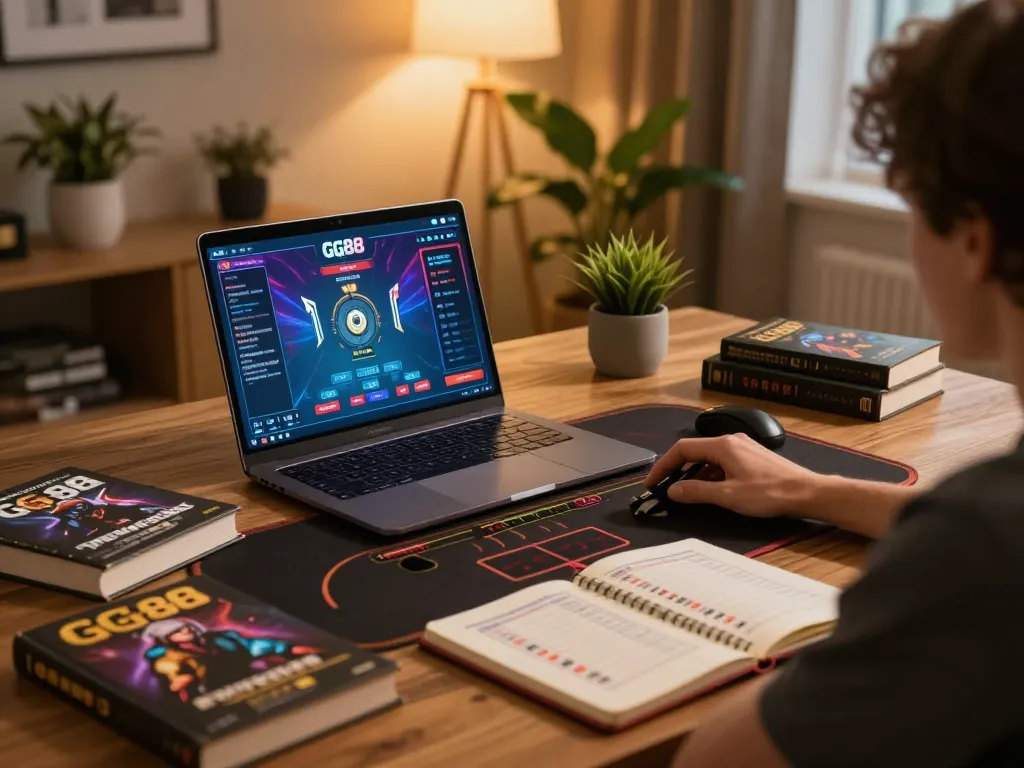 Engaging in online gaming with GG88 Link on a laptop, showcasing a cozy home setup and strategic focus.