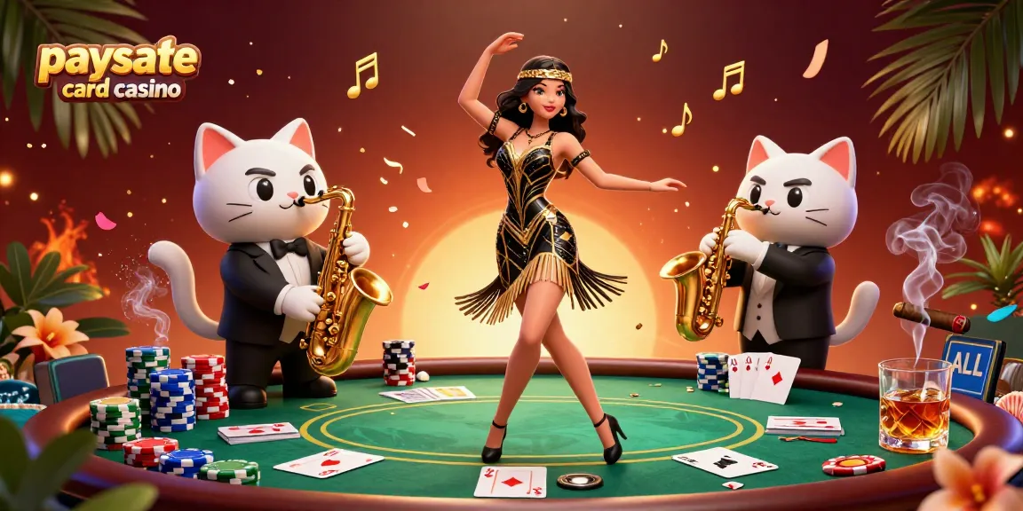 Dynamische Szene eines Paysafe Card Casinos mit einer tanzenden Frau und einer Saxophon spielenden Katze, umgeben von Poker-Elementen.
