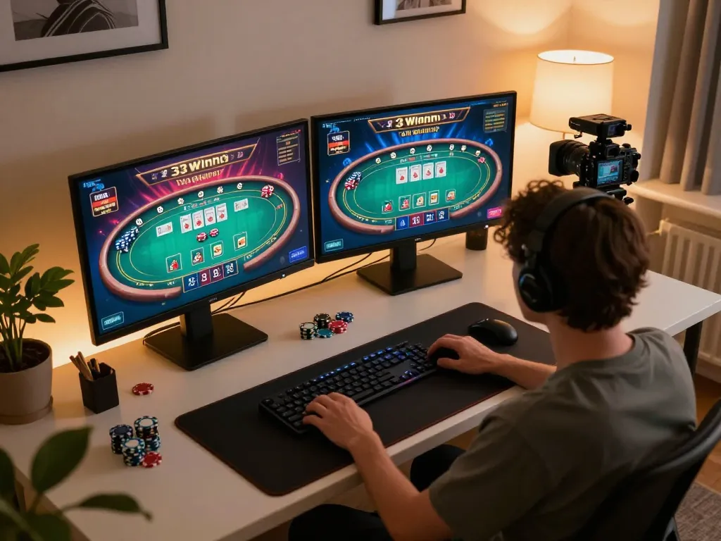 Engaging online poker gameplay at 33winn with a player analyzing cards on dual monitors.