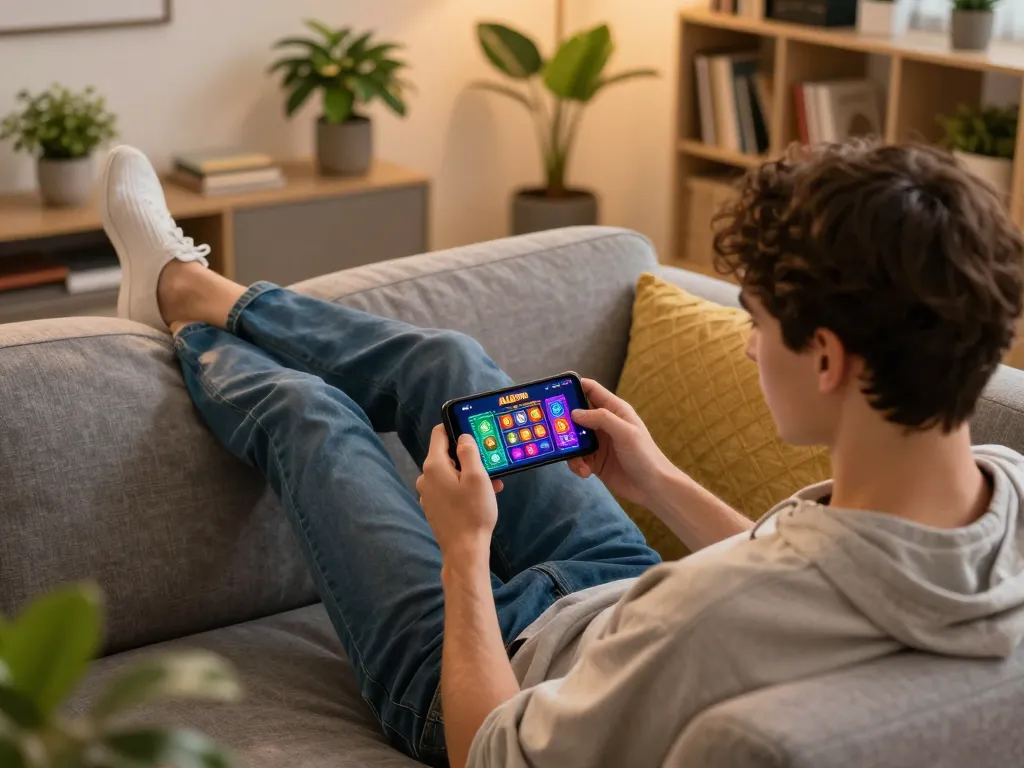 Mobile gaming experience using the ALO8 PRO app in a cozy living room setting.