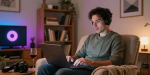 Engaging in an nsfw ai chat experience at home, cozy atmosphere with mood lighting.