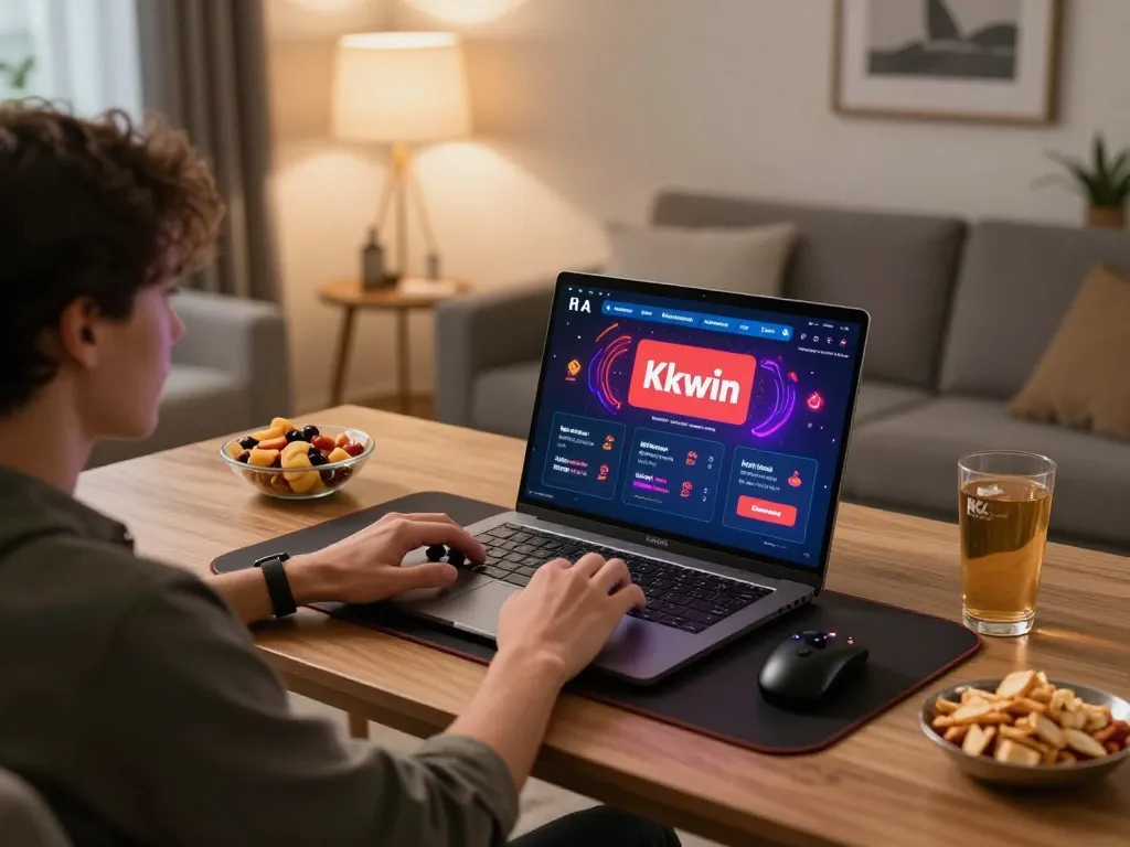 Kkwin player engaging in online casino games at a cozy home setup, showcasing immersive gaming experience.