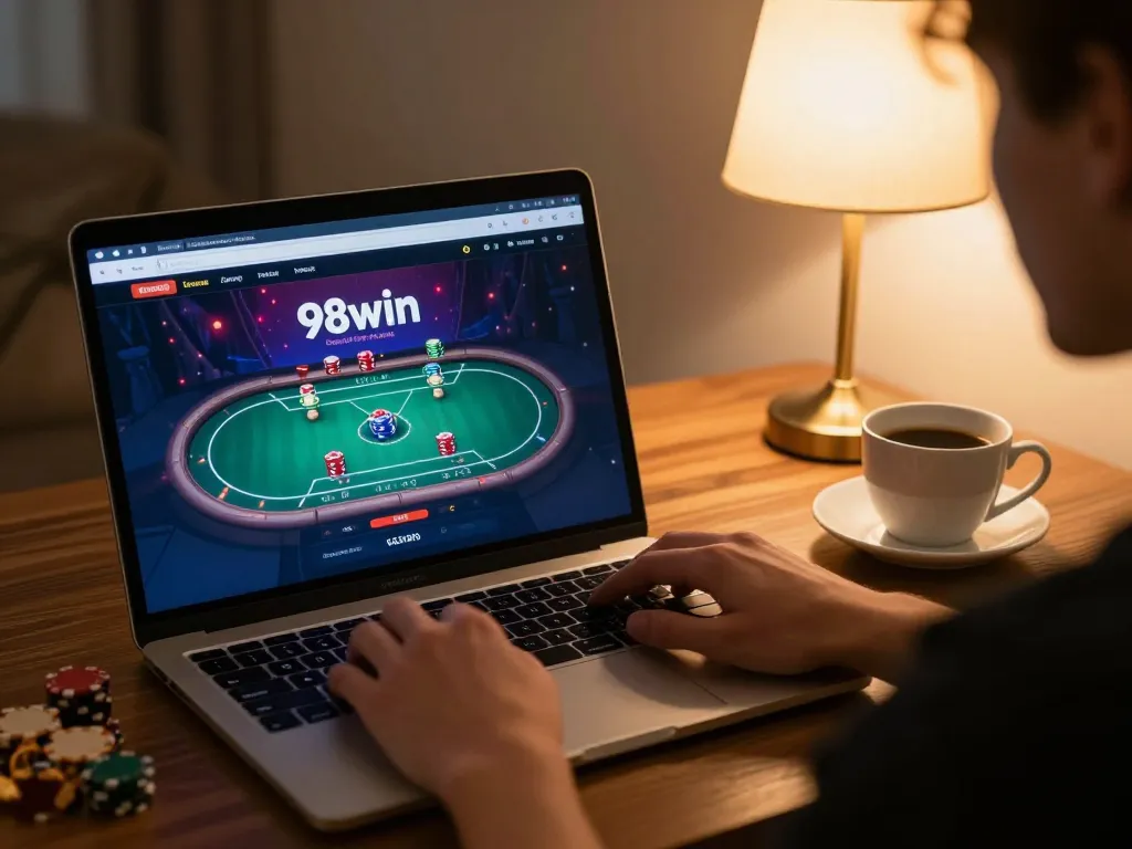 Player engaging in online poker on 98win platform at home, showcasing strategic gameplay in a cozy environment