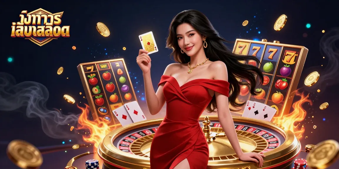 Engage in ทดลองเล่นสล็อต with a stunning woman beside a golden roulette wheel, showcasing vibrant game elements.