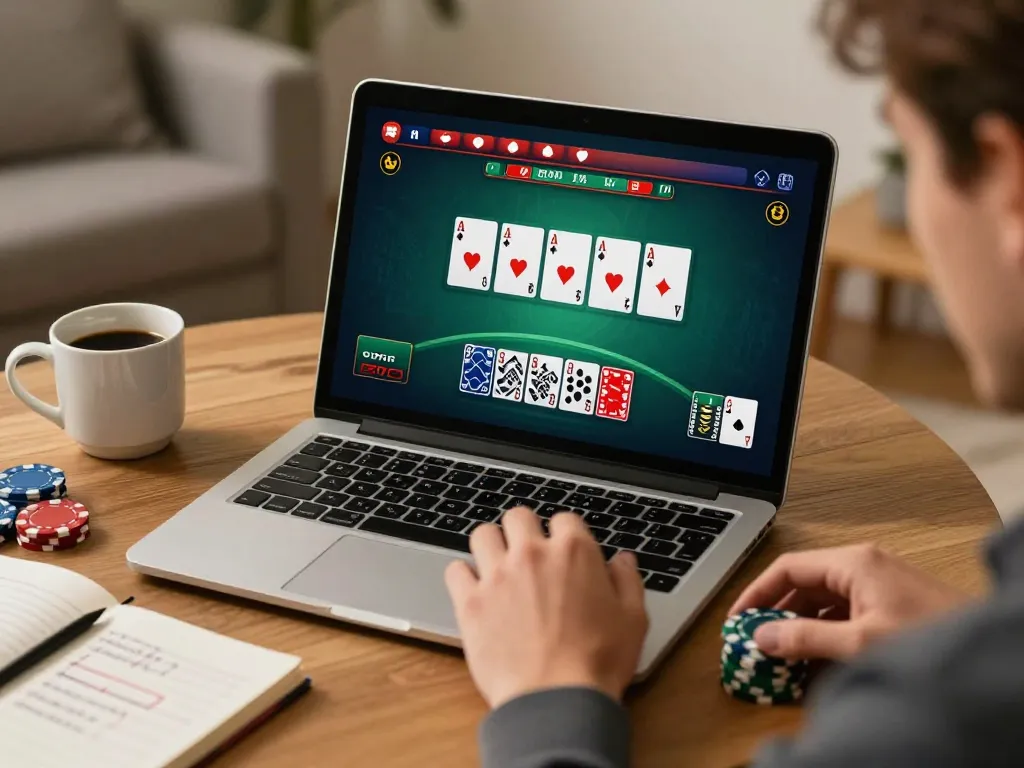 F168 player enjoying an online blackjack game at a cozy home setup with betting strategy notes.