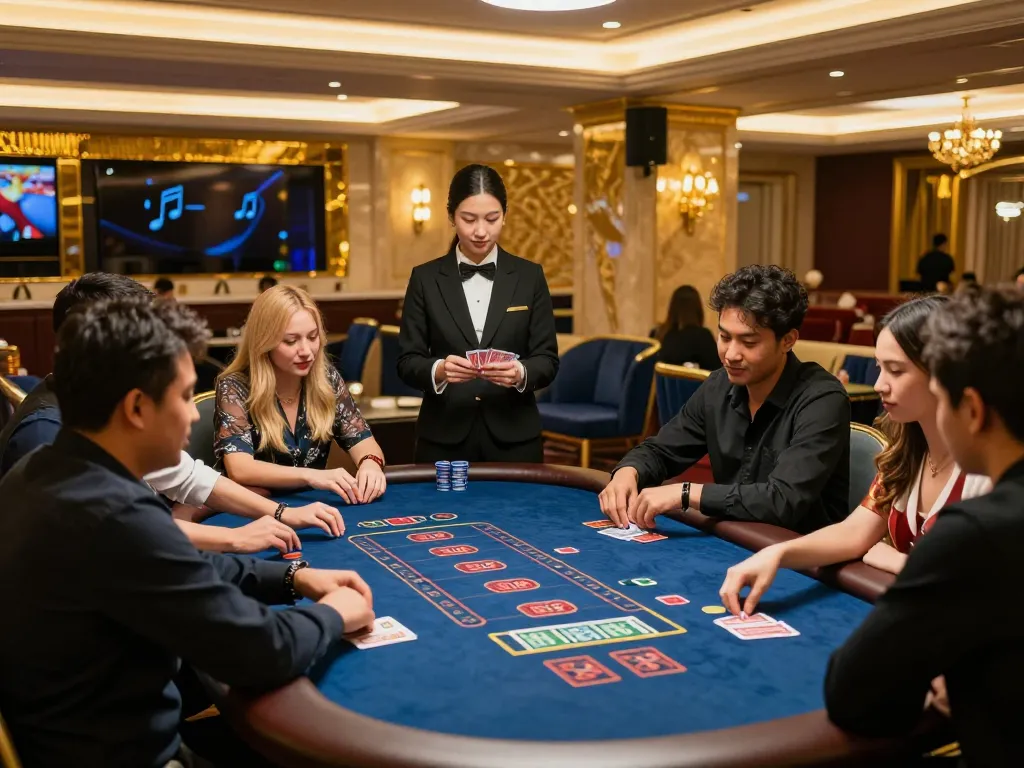 LUCK8 players strategizing at a dynamic blackjack table in a luxurious casino atmosphere.