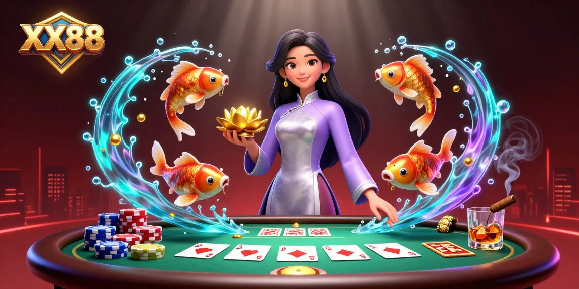 Engage with the exciting atmosphere of XX88, featuring a stunning 3D illustration of Asian woman holding a golden lotus with poker elements around her.