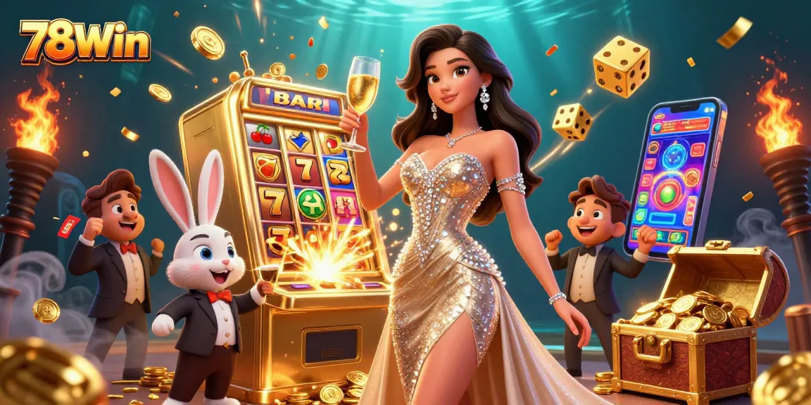 Celebrate wins at 78Win with a stunning jackpot slot scene filled with vibrant casino elements.