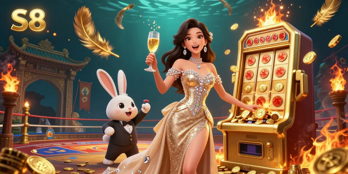 S8 casino features a glamorous woman celebrating with a jackpot slot machine, surrounded by vibrant casino elements.
