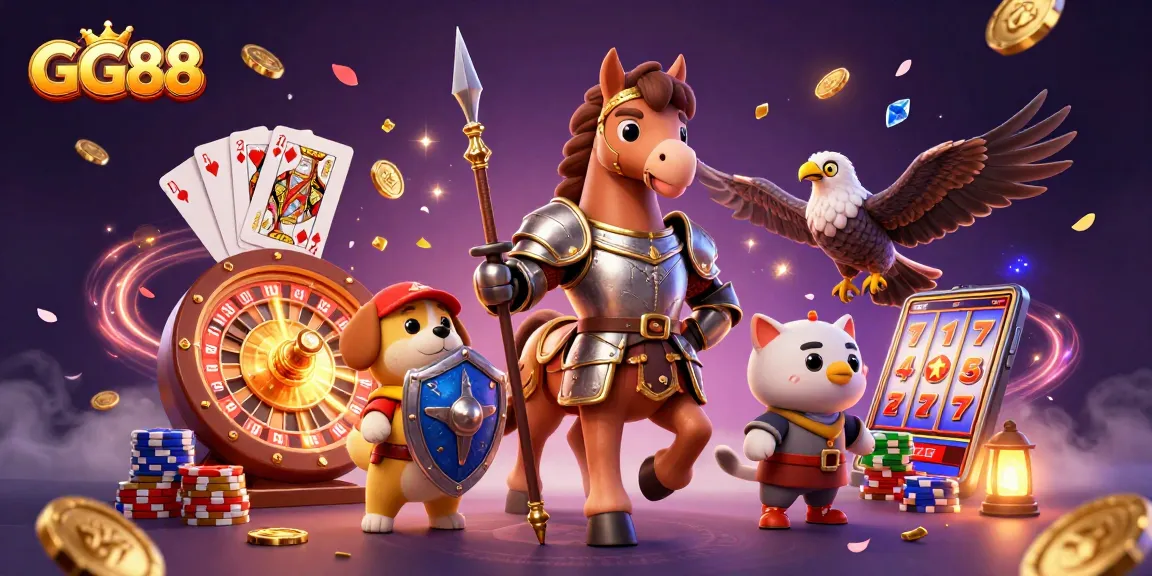 Experience the excitement of GG88 with a knight, a puppy squire, and a falcon amidst vibrant casino elements.