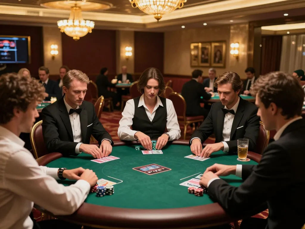 Players at SC88 poker table strategizing their next move in a luxurious casino.