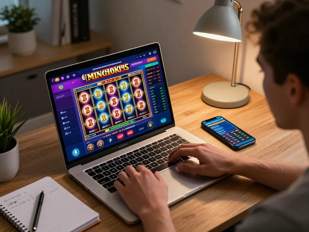 Engaging in online slots with sc88 gaming laptop setup, showing vibrant interface and strategic notes.