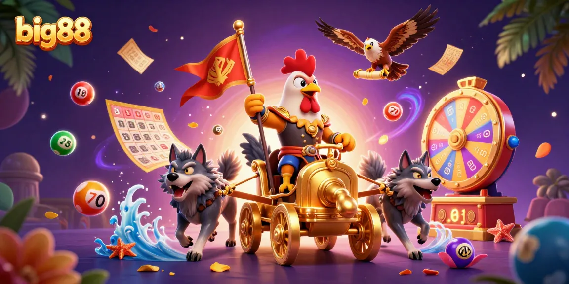 big88 gaming scene showcasing a rooster warlord with lottery elements, vibrant colors, and thrilling action.
