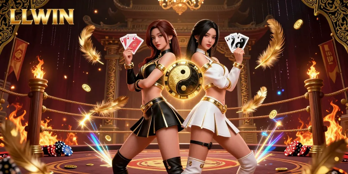Experience thrilling gameplay with LLWIN as two Asian women hold contrasting playing cards amidst a rich casino backdrop.