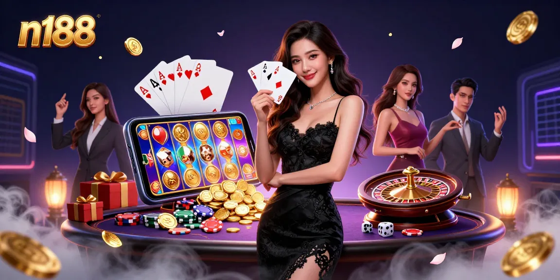 Experience the thrilling atmosphere of n188 casino with a photorealistic Asian woman showcasing playing cards.