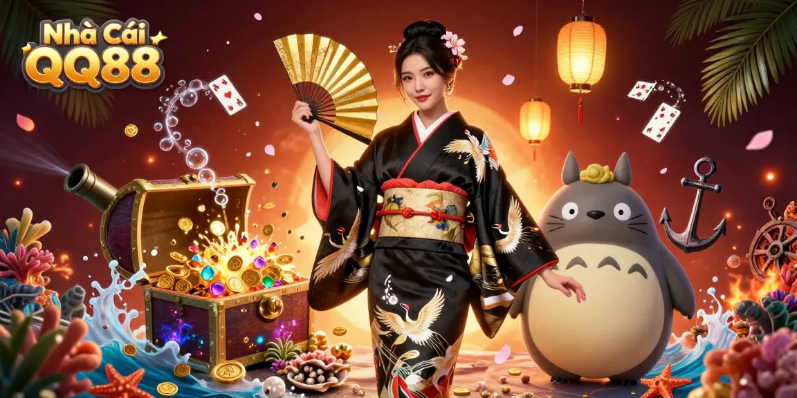 Engaging scene of Nhà Cái QQ88 with Asian woman and tanuki amongst casino elements, embodying excitement.