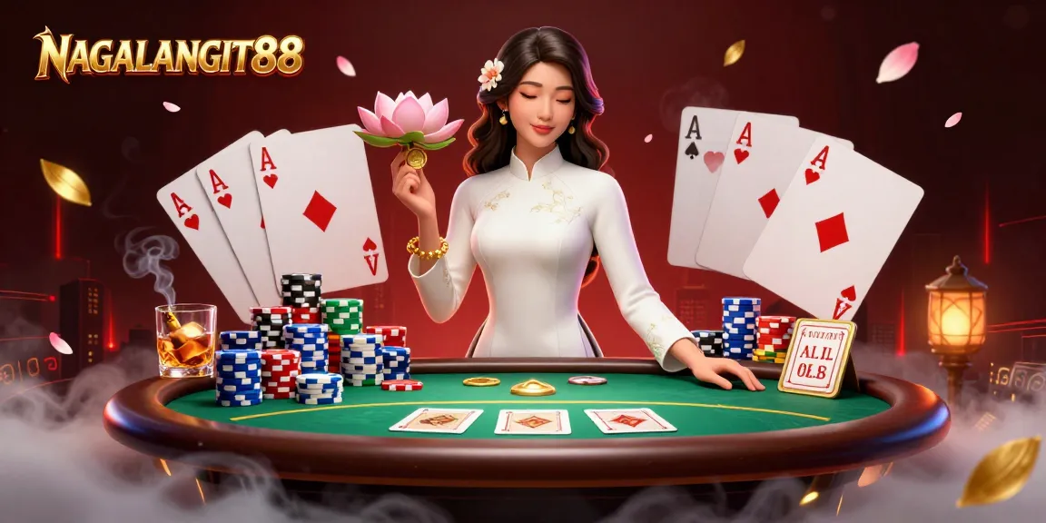 NAGALANGIT88 showcases an elegant Asian woman amidst vibrant poker elements and cherry blossoms, inviting gamblers to join the action.