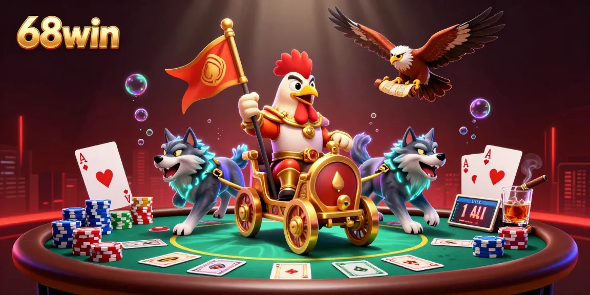 Experience dynamic gameplay at 68win with poker chips and iconic hands in this vibrant casino scene.
